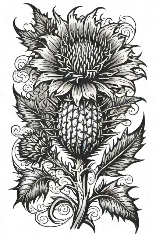 scottish thistle as background with one flower edgy style  tattoo design idea