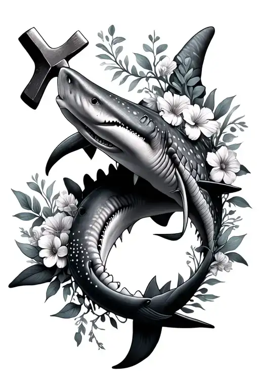 whale shark and hammer head shark with flowers surrounding them  tattoo design idea