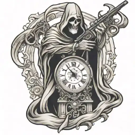 grim reaper holding 22 marlin rifle  old clock tattoo design idea