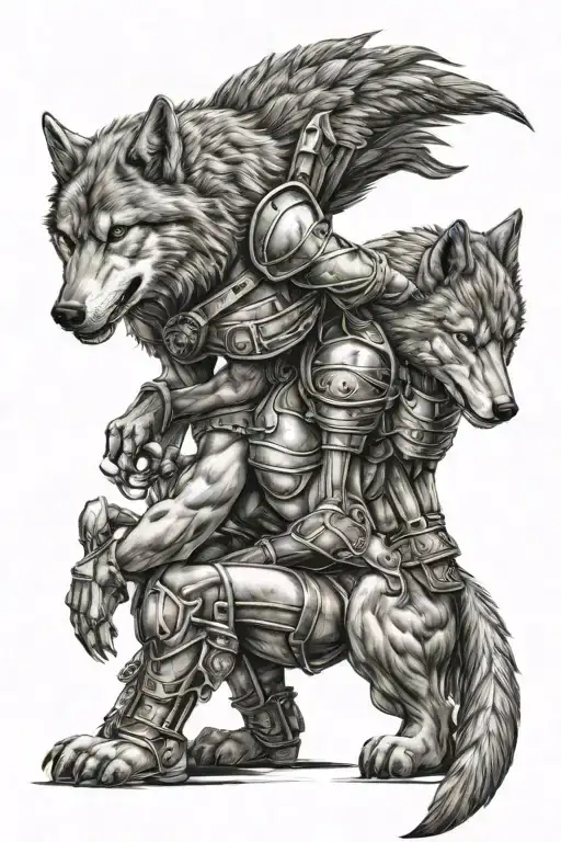 Wolf and spartan warrior kneeling tattoo design idea