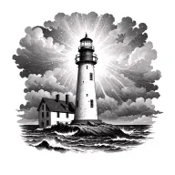 lighthouse standing tall shining light through a storm tattoo design idea