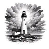 lighthouse standing tall shining light through a storm tattoo design idea