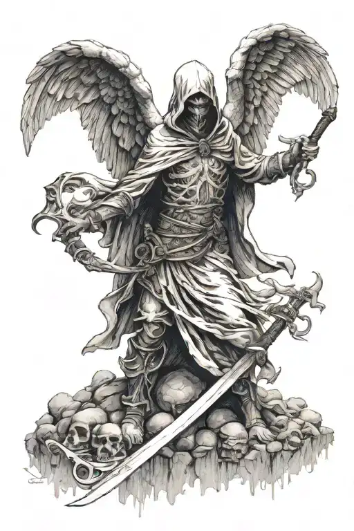 angel of death with hood and scythe in hand. heaven and hell you can add references dante's inferno tattoo design idea