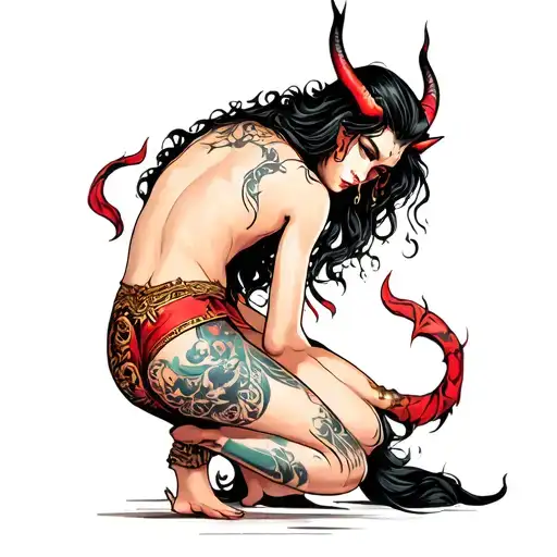 traditional style devil woman bending over a komastu 61 tattoo design idea