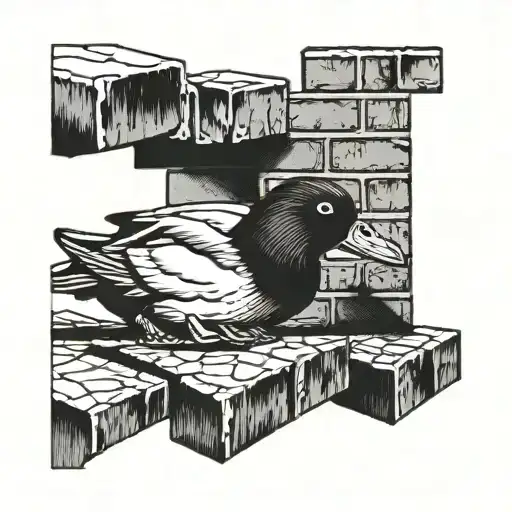 peeking duck over brick wall being built tattoo design idea