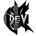 A powerful black-and-grey tattoo design for the name "Dev Arjun". The word "DEV" is represented as a vertical arrow poin tattoo design idea