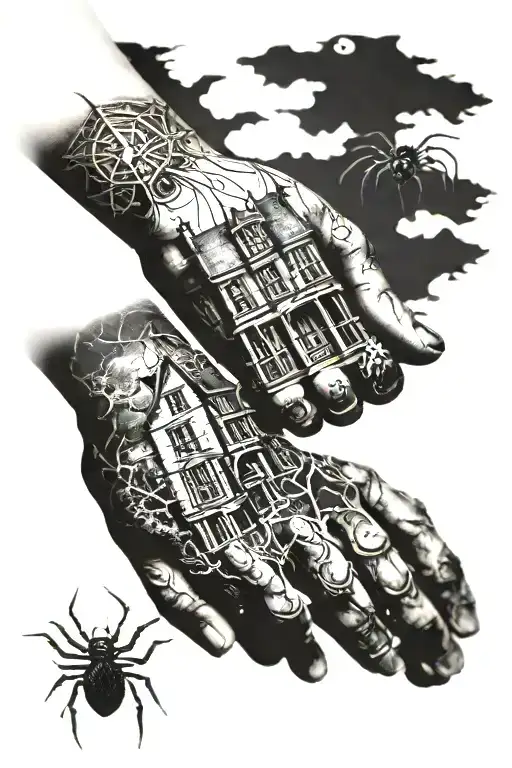 wrist scar coverup goth featuring old buildings and spiders reminiscent of the haunting of hill house or Bly manor tattoo design idea
