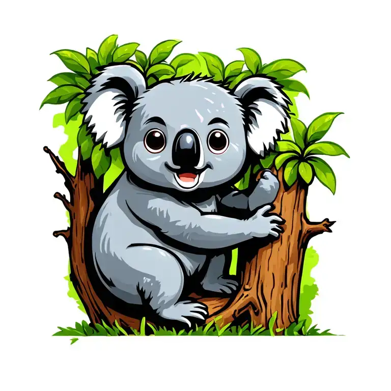 cartoon koala holding a tree sideways tattoo design idea