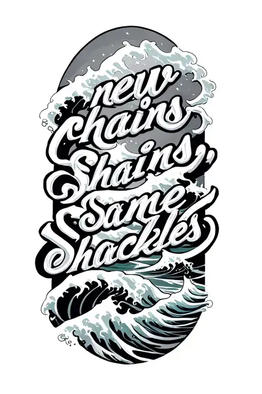 Ocean waves crashing  saying "new chains, Same Shackles" tattoo design idea