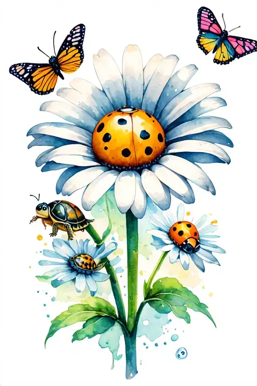 daisy with a lady bug, a turtle, and a butterfly with a water color effect tattoo design idea