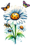 daisy with a lady bug, a turtle, and a butterfly with a water color effect tattoo design idea