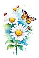 daisy with a lady bug, a turtle, and a butterfly with a water color effect tattoo design idea
