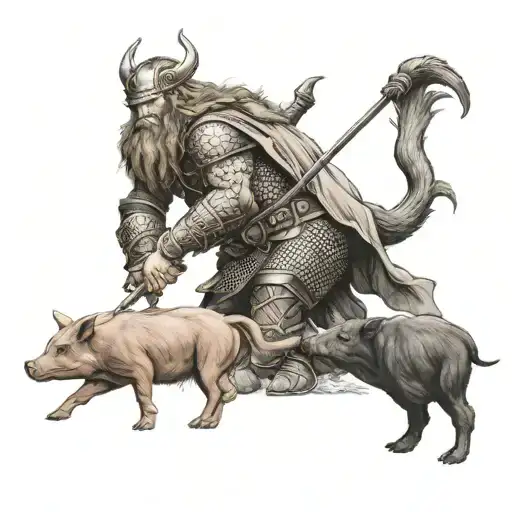 viking warrior protecting pig and kangaroo tattoo design idea