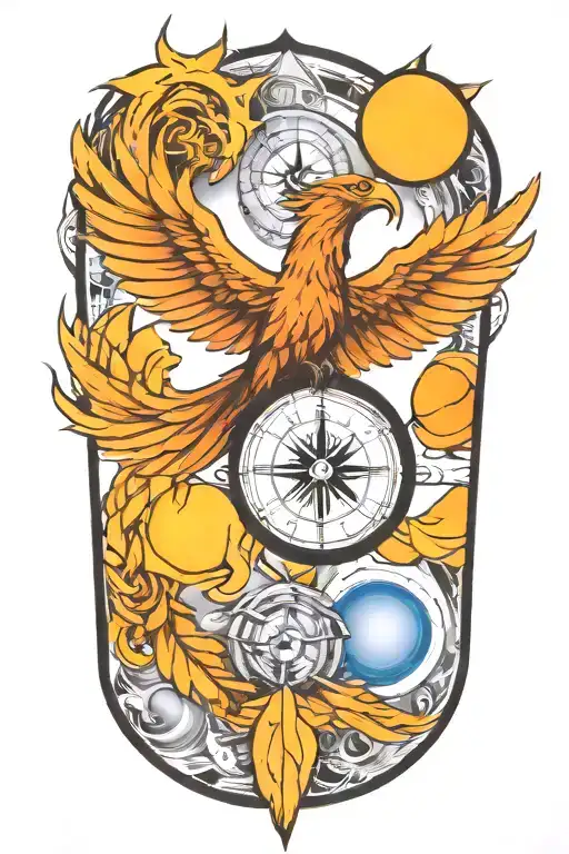 phoenix, light of beacon, compass, time piece, solar system tattoo design idea