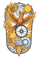 phoenix, light of beacon, compass, time piece, solar system tattoo design idea