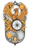 phoenix, light of beacon, compass, time piece, solar system tattoo design idea