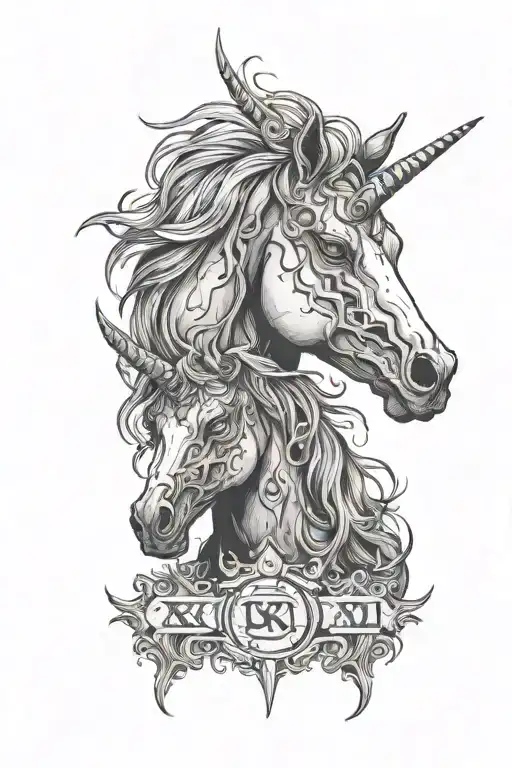 zombie unicorn, pair of eyes, roman numerals XXVI IV MMXXIII tattoo design idea