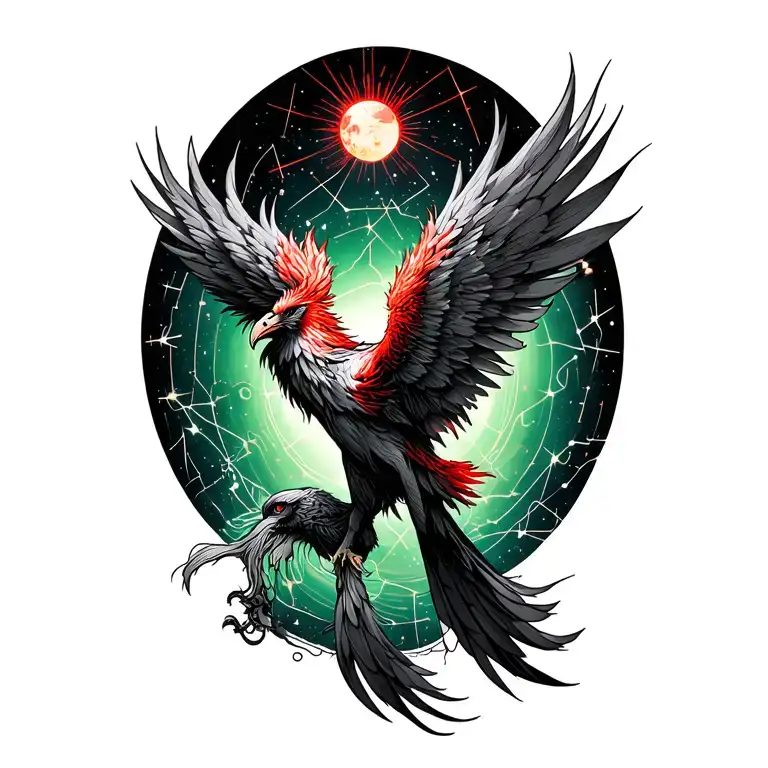 pheonix rising with Aquarius green and red constellation surrounded tattoo design idea
