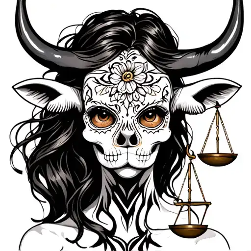 woman body bull with sugar skull markings, brown eyes and two Libra scales with extra dark background tattoo design idea