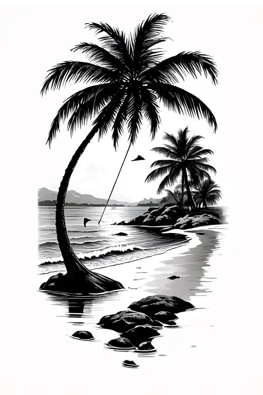 water ocean beach scene with palm trees golf tattoo design idea
