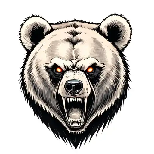 A terrifying full-body bear tattoo in a realistic style, with glowing dark eyes and an evil, menacing expression. The be tattoo design idea