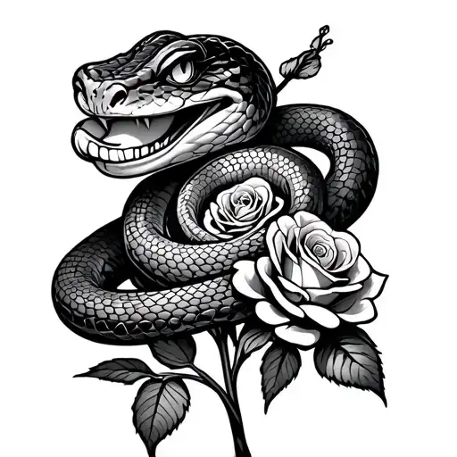 snake wrapped around roses but the snake is smiling and he is friendly looking the tattoo is in greyscale tattoo design idea