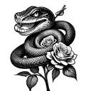 snake wrapped around roses but the snake is smiling and he is friendly looking the tattoo is in greyscale tattoo design idea