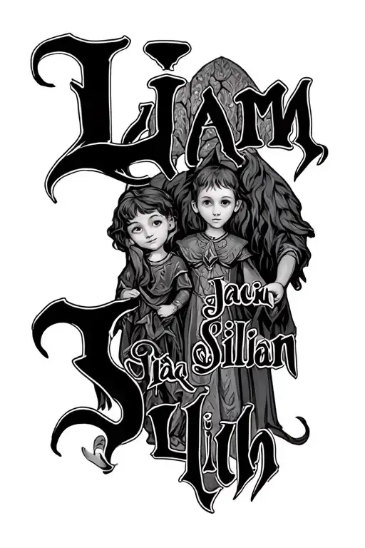 "Liam, Jaclyn, Silas, Lillith" kids names incorporated, medieval fantasy scene tattoo design idea
