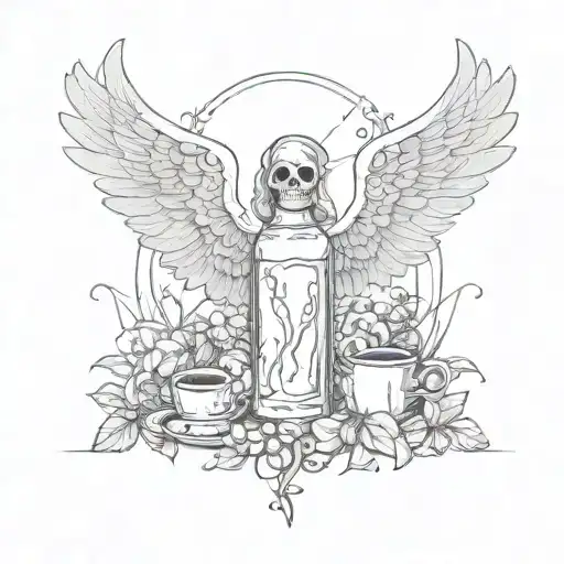 A sketch of a death angel with intricate wings made up of beer bottles and coffee beans, representing the client's interests in both alcohol and the supernatural tattoo design idea