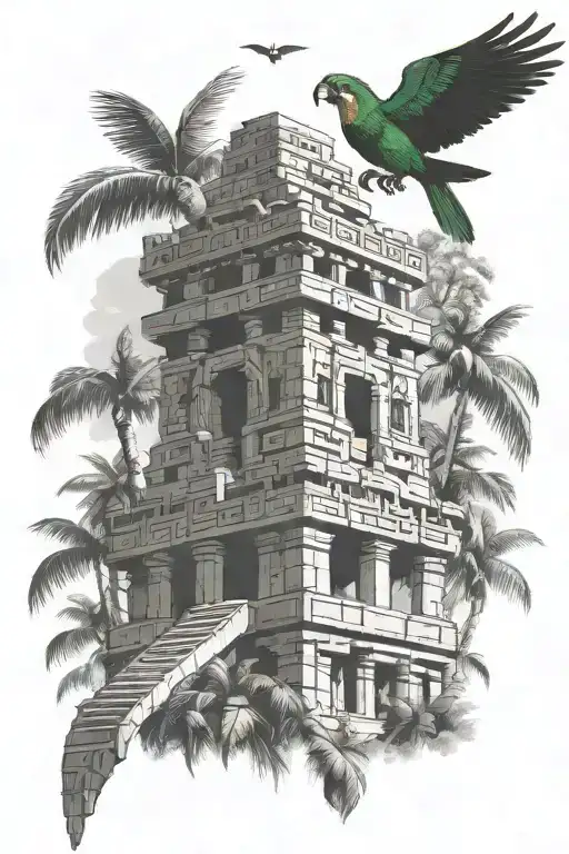 quetzal bird over mayan temple in banana tree forest tattoo design idea
