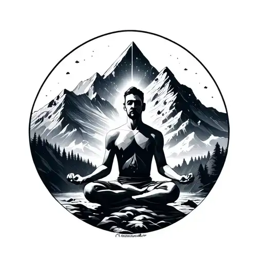 a guy meditating in front of a mountain peak connecting with the universe. make it geometric tattoo design idea