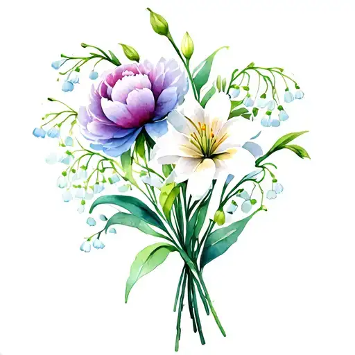 Snow drop, lily of the valley, cosmos, peony bouquet  tattoo design idea
