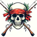 skull wearing a rolled red bandana with fishing poles catching a dream cacther tattoo design idea