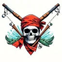 skull wearing a rolled red bandana with fishing poles catching a dream cacther tattoo design idea