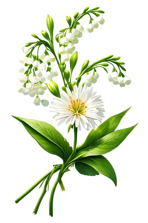 lily of the valley and aster flower bouquet tied tattoo design idea