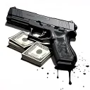 Glock .26 and a stack of money on a table covered in blood  tattoo design idea