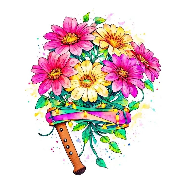 demogorgon flowers with 80s coloured fairylights wrapped around, with a baseball bat with nails in in the background.  tattoo design idea