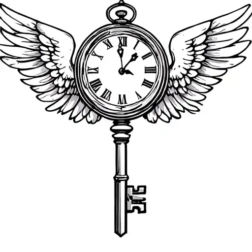 key with clock and wings spread wide tattoo design idea