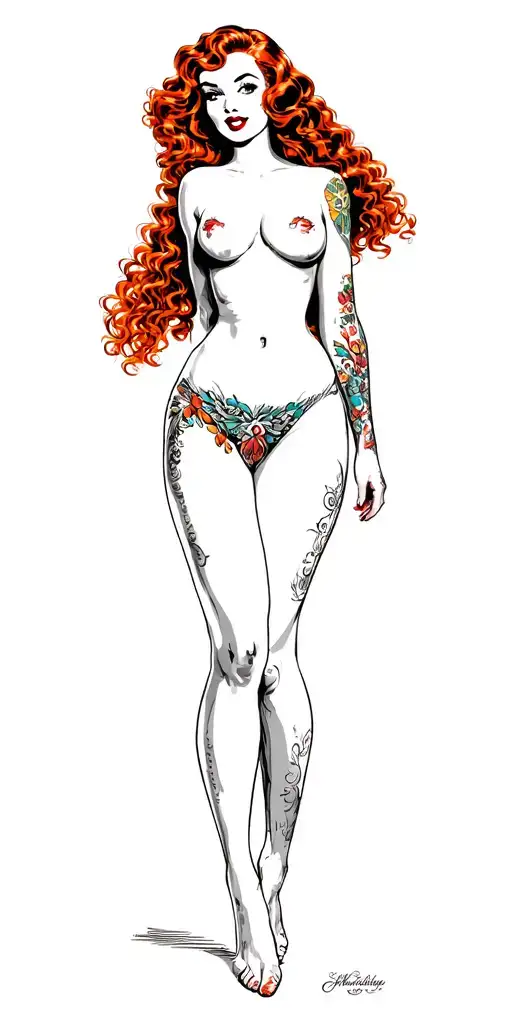 traditional-style pin-up girl with long red curly hair and naked. She should have vintage features tattoo design idea