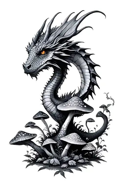 Fairy, dragon, mushrooms Forest tattoo design idea