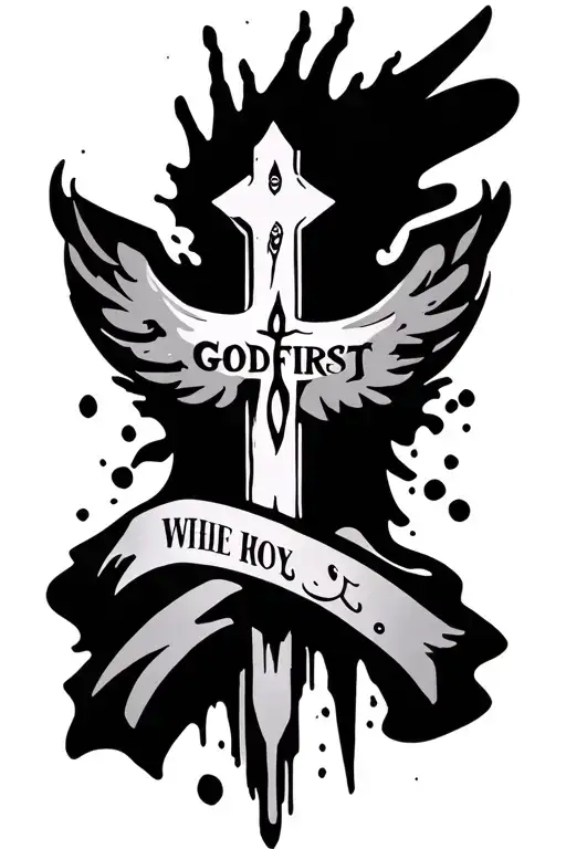 GODFIRST with a cross going through the words horizontal  tattoo design idea
