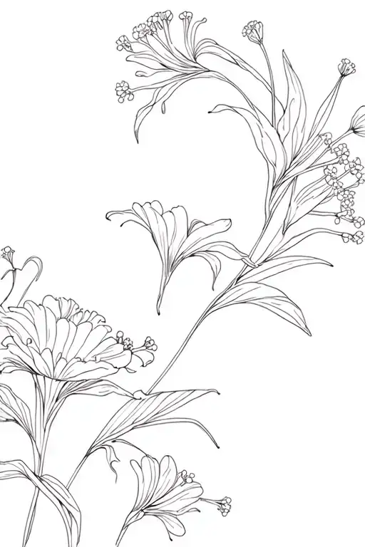 line work floral repeating pattern. Include baby's breath, carnations and lilies. tattoo design idea