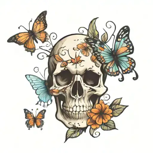 hand skull and butterflies tattoo design idea