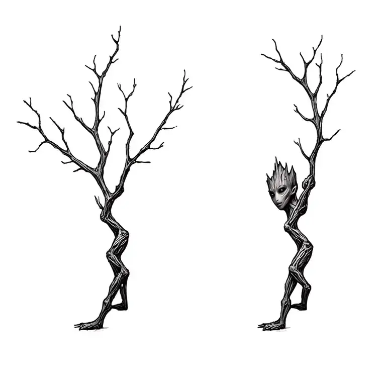 baby Groot with branches stretching towards tattoo design idea