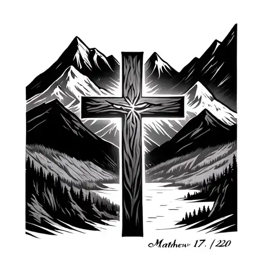Cross symbol with mountains in background, verse Matthew 17:20 inside cross tattoo design idea
