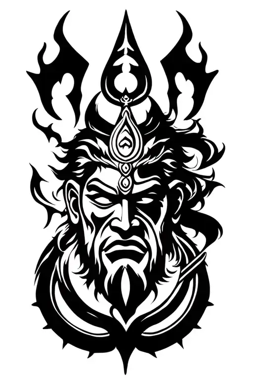 Trident for Shiva, Mace for Hanuman, Chakra for Vishnu and “悟”. Combined, showing strength, fierceness & transcendence tattoo design idea