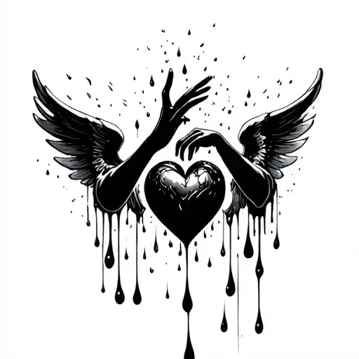 hand and a black heart and a angel shadow with wings spread behind them, all as a wet painting with drops tattoo design idea