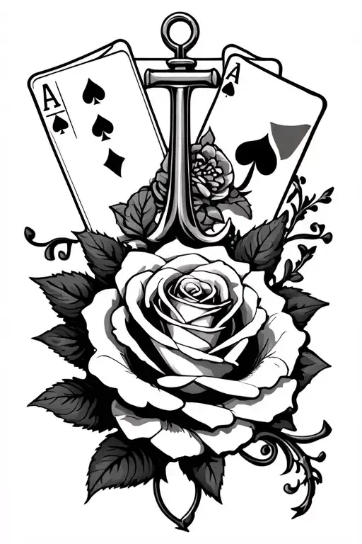 three separate tattoos. rose is one tattoo on the bottom middle tattoo is playing cards and top tattoo is an anchor  tattoo design idea