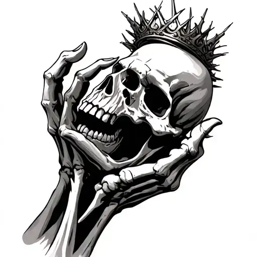 A giant skeletal hand emerges from the ground, holding a skull with a crown of metallic thorns, its jaw open in an etern tattoo design idea