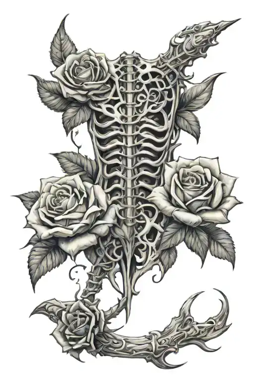 spinal cord with roses and thorns wrapped and surrounded, for a back tattoo tattoo design idea
